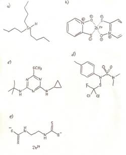 Strukturformalen von Antifouling-Verbindungen: a) Tributylzinnhydrid, b) Zinkpyrithion, c) Cybutryn, d) Tolyfluanid, e) Zineb - Zeichnung: Mona Gharib