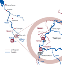 Karte der Flussläufe von Werra, Fulda und Weser mit Kalistandorten: Neuhof-Ellers (NE), Wintershall (WI), Hattorf (HA), Unterbreizbach (UB)