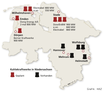 Karte: Kohlekraftwerke in Niedersachsen